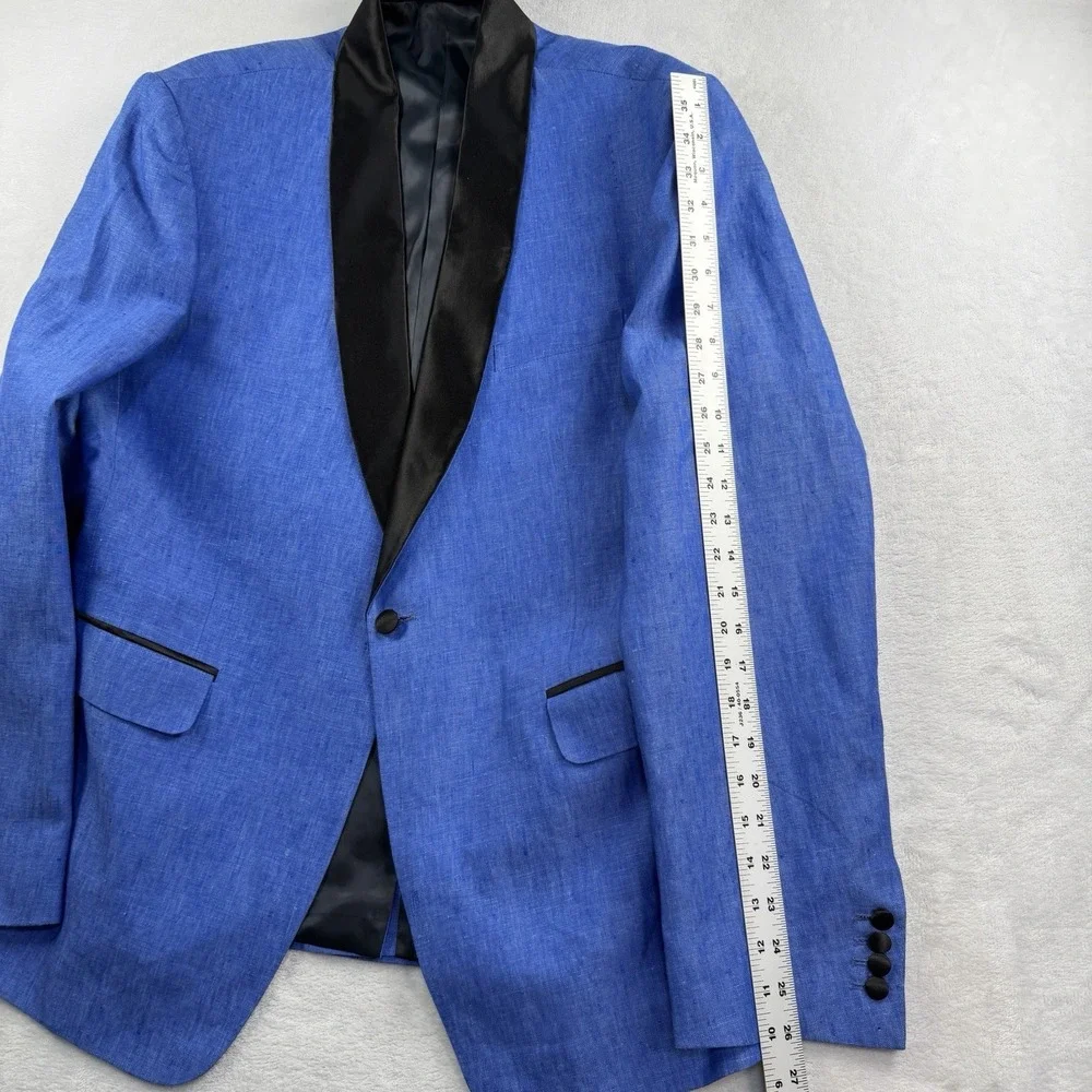 StudioSuits BESPOKE 3 Piece Tuxedo Linen Suit 44L 34x31 Vest Satin Stripe Shawl